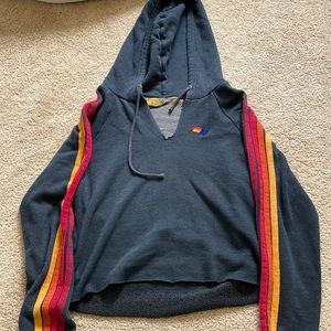 Aviator Nation 4 STRIPE BOLT SPLIT-NECK PULLOVER CROP HOODIE